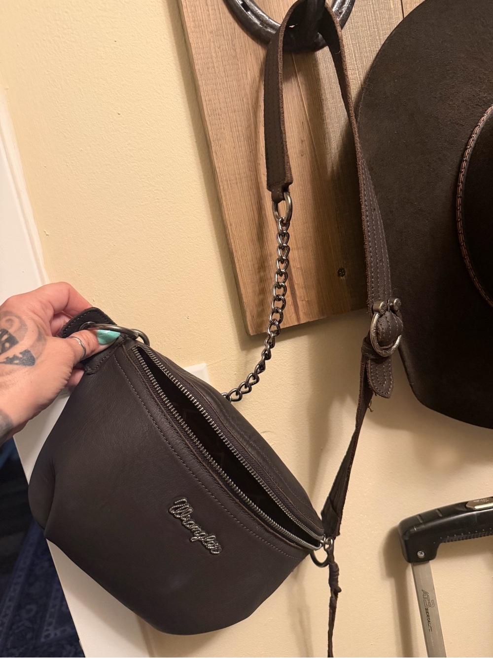 Wrangler Dark Brown Leather Belt Bag with Chain Strap